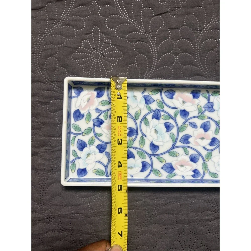 VTG Japanese Porcelain Rectangular Tray Lotus Floral Pink Blue Design Trinket